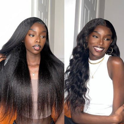 Luvme natural kinky straight 5x5 closure wig with HD lace, long 100% human hair, showcasing the wig's texture and lace detail.