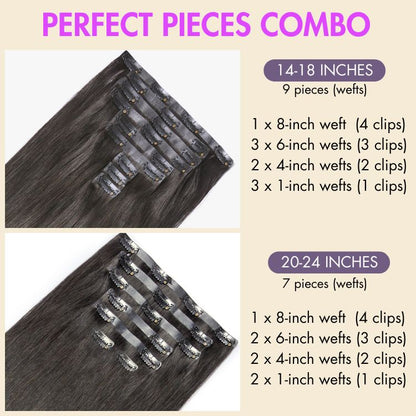 Kinky straight clip-in human hair extensions by Luvme Hair, 9-piece set with seamless design and natural texture.