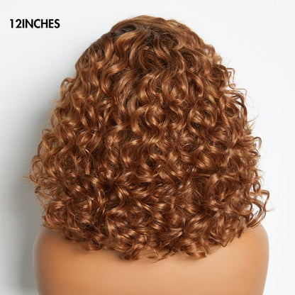 Luvme Hair ginger ombre bouncy curly short lace wig with minimalist HD lace, 100% human hair, glueless style, natural volume.