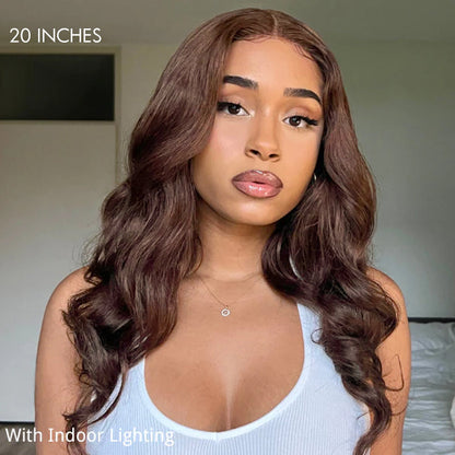 Luvme 5x5 closure lace wig with loose wave chestnut brown human hair, glueless style, long mid-part, natural look.