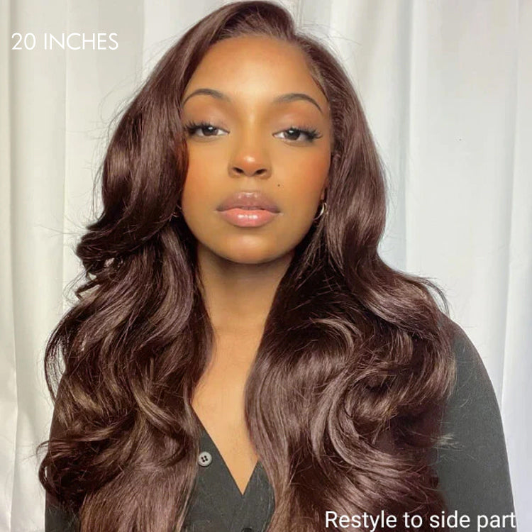 Chestnut brown loose wave 5x5 closure lace wig by Luvme, glueless, long human hair wig with a middle part, natural texture.