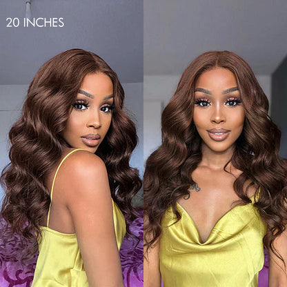 Luvme chestnut brown loose wave 5x5 closure lace glueless wig with long, natural-looking human hair and a middle part.