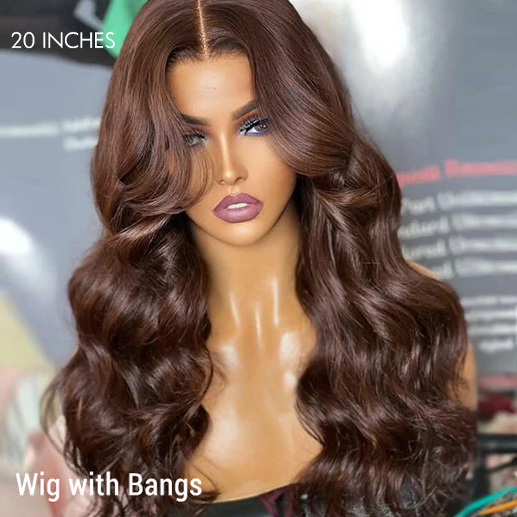 Luvme chestnut brown loose wave 5x5 closure lace glueless long wig with natural waves and a middle part, made of 100% human hair.
