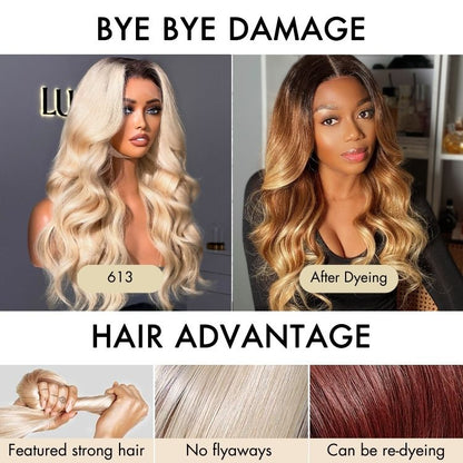 Luvme Hair 613 loose wave 5x5 closure wig with HD lace, glueless design and direct dyeing for a natural, stylish look.
