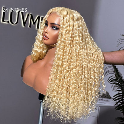 Golden blonde 613 water wave 5x5 closure wig with curly long human hair, featuring invisible HD lace from Luvme Hair.