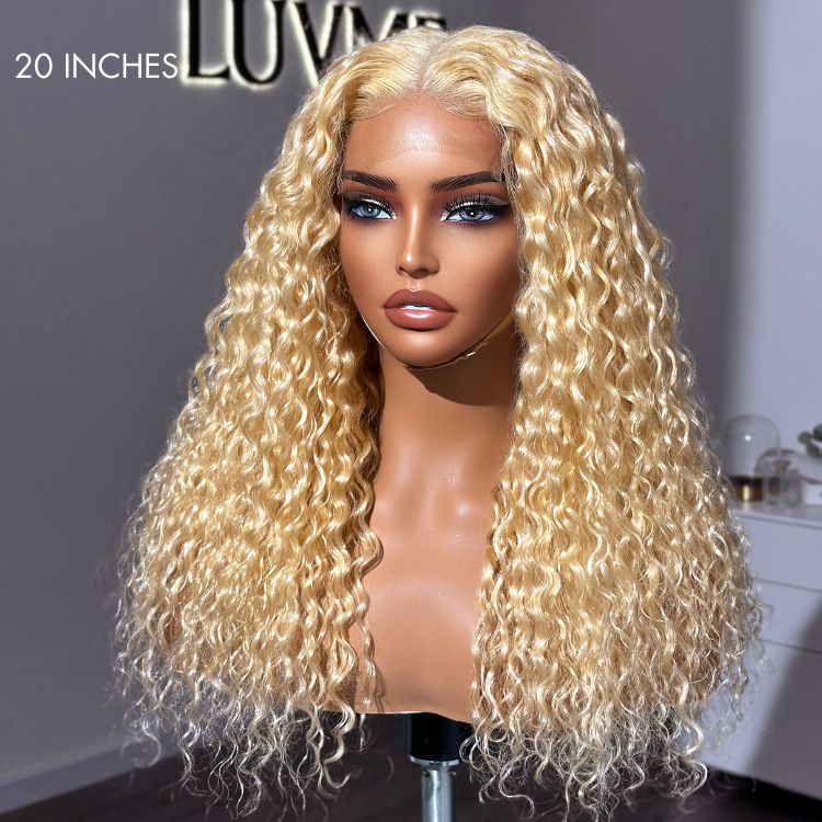 Golden blonde 613 water wave 5x5 closure wig with invisible HD lace, long curly human hair, by Luvme Hair.