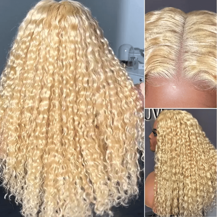 Golden blonde 613 water wave glueless 5x5 closure wig by Luvme Hair with long curly 100% human hair and HD lace.