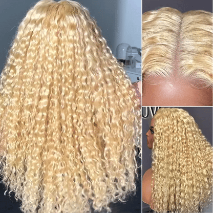 Golden blonde 613 water wave glueless 5x5 closure wig by Luvme Hair with long curly 100% human hair and HD lace.