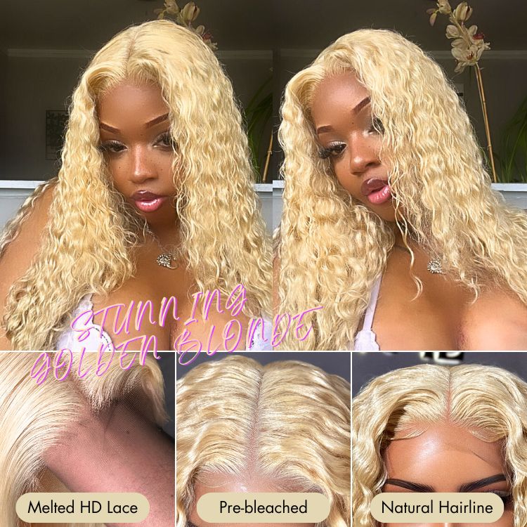 Golden blonde 613 water wave 5x5 closure wig by Luvme Hair, featuring long curly 100% human hair and invisible HD lace.