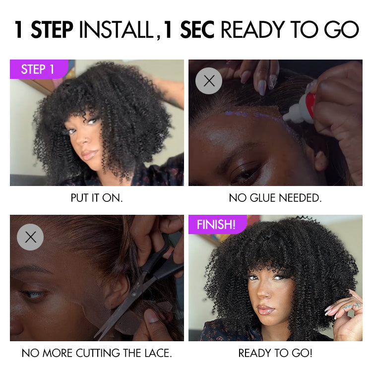 Luvme Hair breathable minimalist lace curly wig with bangs, bouncy Jerry curls, and glueless design for natural style.