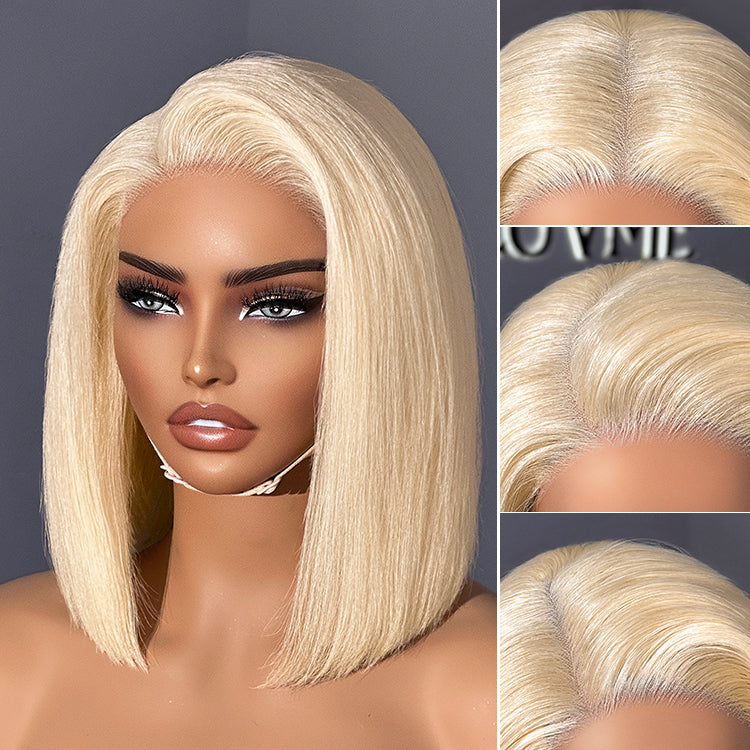 Blonde 613 silky straight 5x5 closure wig with HD lace, glueless design, pre-cut lace, by Luvme Hair.