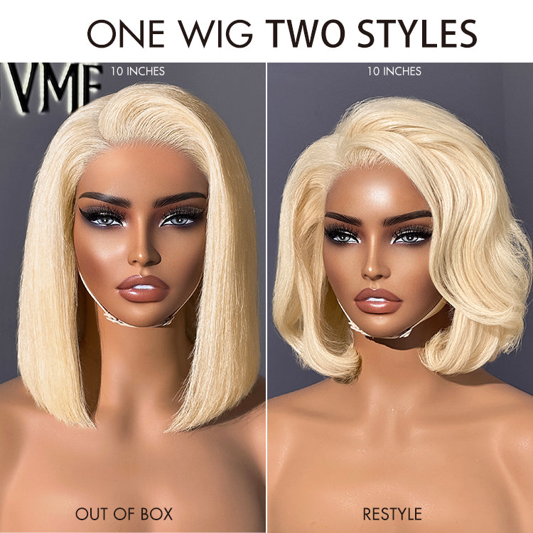 Luvme Hair blonde 613 silky straight 5x5 closure wig with glueless HD lace and pre-cut lace, natural smooth texture.