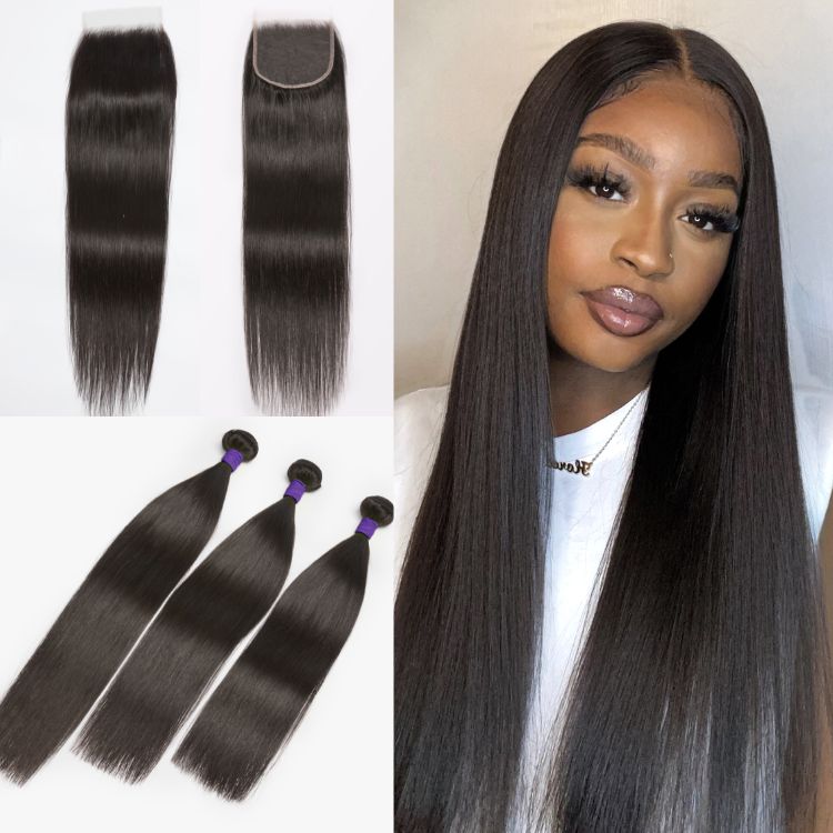 Upgraded Brazilian Virgin Hair 3 bundle set with 5x5 HD lace closure, straight or body wave, by Luvme Hair.