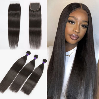 Upgraded Brazilian Virgin Hair 3 bundle set with 5x5 HD lace closure, straight or body wave, by Luvme Hair.