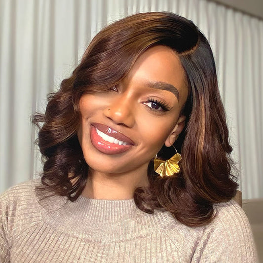 Luvme ombre brown loose wave minimalist HD lace glueless C-part short wig made of 100% human hair, natural and stylish.