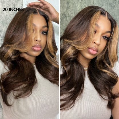 Luvme blonde highlight loose wave 5x5 closure HD lace wig with curtain bangs, showcasing the natural wavy hair and lace front detail.