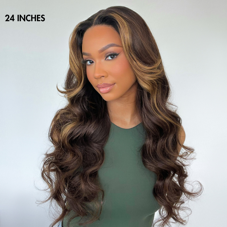 Luvme blonde highlight loose wave 5x5 closure HD lace wig with curtain bangs, showcasing natural hair texture and lace details.