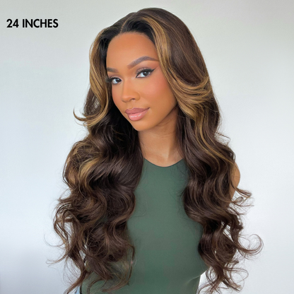 Luvme blonde highlight loose wave 5x5 closure HD lace wig with curtain bangs, showcasing natural hair texture and lace details.