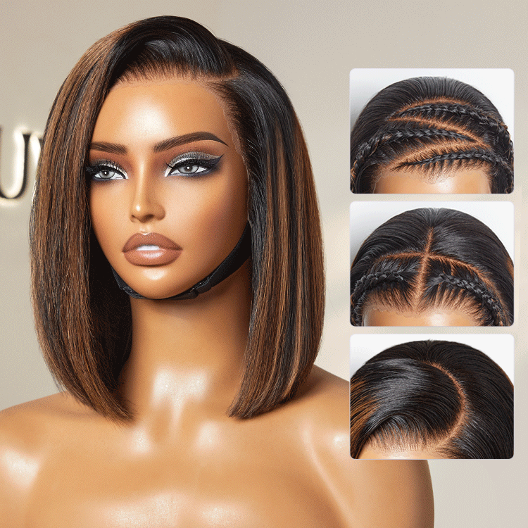 Luvme Hair PreMax wig featuring a natural-looking brown highlight silky blunt cut bob 13x4 lace frontal wig on a model.