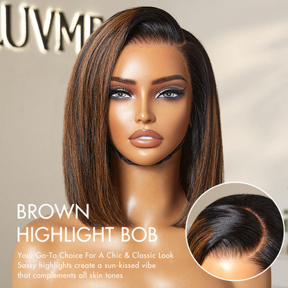 Luvme Hair PreMax 13x4 lace frontal wig with natural-looking brown highlights and a silky blunt cut bob style