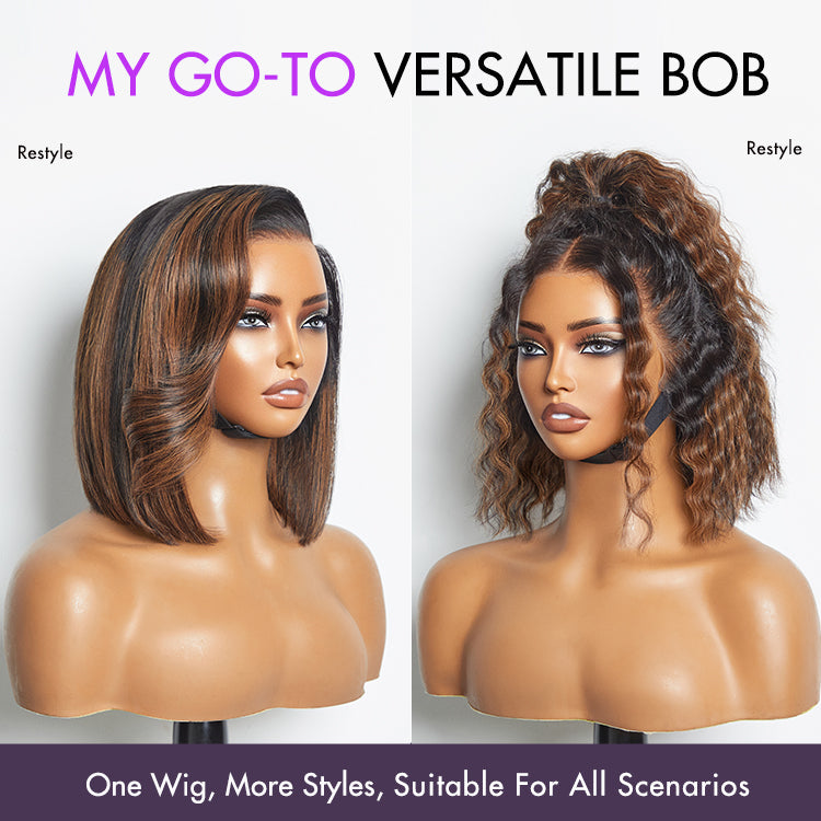 Luvme Hair PreMax wig with natural-looking brown highlights, silky blunt cut bob, 13x4 lace frontal, glueless style