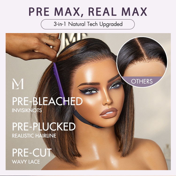 Luvme Hair PreMax Wigs, natural-looking brown highlight silky blunt cut bob 13x4 lace frontal wig on a mannequin head
