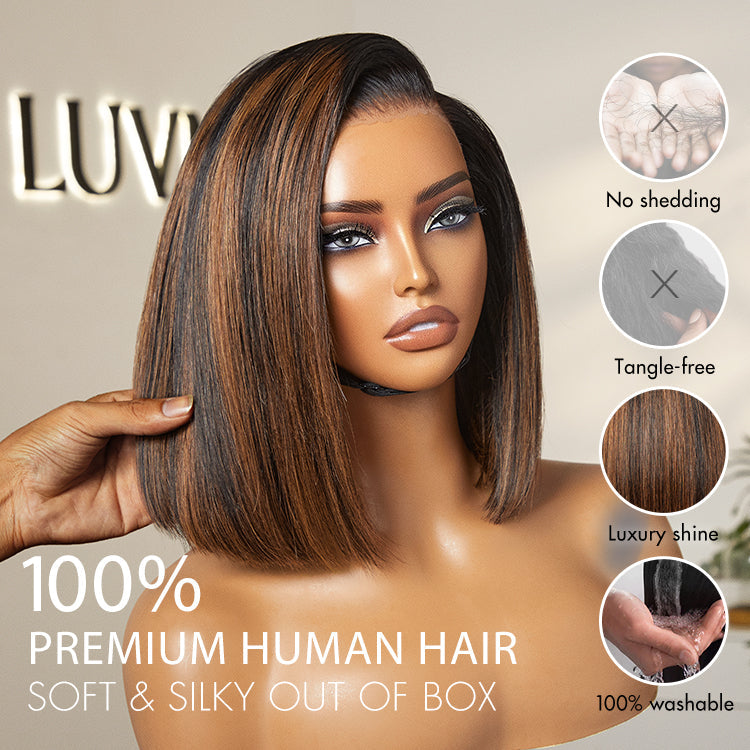 Luvme Hair PreMax natural brown highlight silky blunt cut 13x4 lace frontal wig with glueless design and pre-cut lace.
