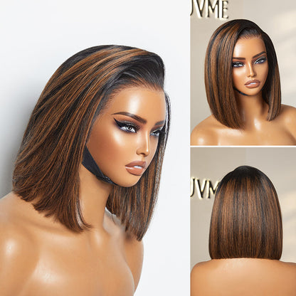 Luvme Hair PreMax Wigs 13x4 frontal lace wig with natural-looking brown highlights, silky blunt cut bob, glueless style.
