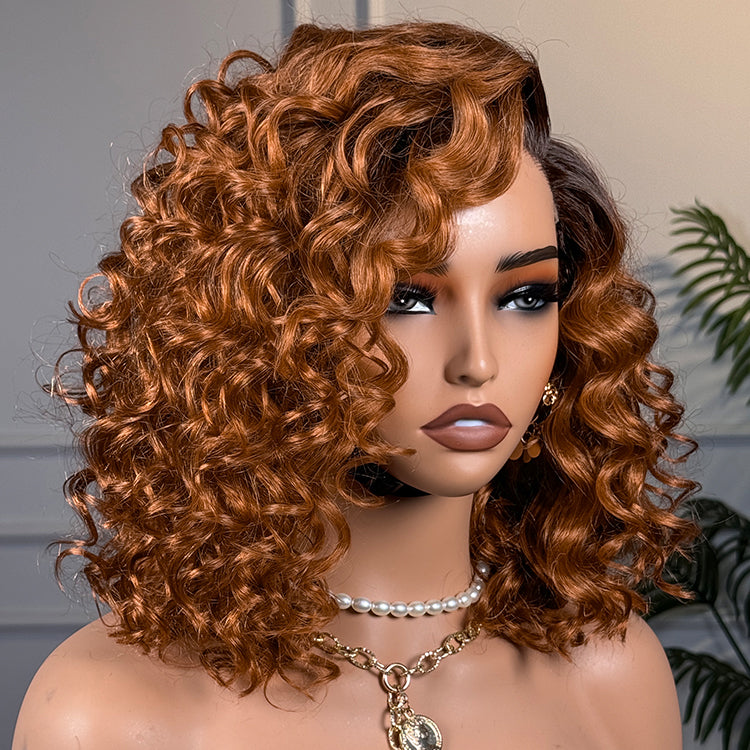 Luvme Hair Ginger Ombre Bouncy Curly Glueless HD Lace Short Wig made of 100% human hair with a minimalist design.
