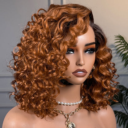 Luvme Hair Ginger Ombre Bouncy Curly Glueless HD Lace Short Wig made of 100% human hair with a minimalist design.