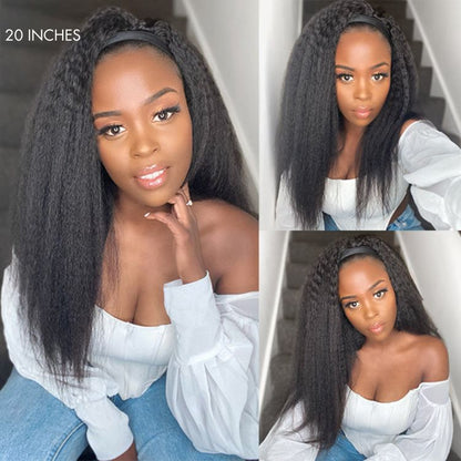 Luvme Put On & Go Glueless Kinky Straight Headband Wig made of 100% human hair with trendy headbands included.