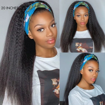 Luvme Put On & Go glueless kinky straight headband wig made of 100% human hair with trendy headbands included.
