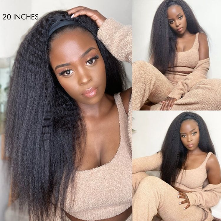 Luvme Put On & Go Glueless Kinky Straight Headband Wig with long human hair, styled with a trendy headband accessory.