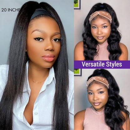 Luvme Put On & Go Glueless Kinky Straight Headband Wig made of 100% human hair, with trendy headbands included.