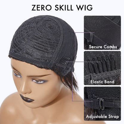 Luvme Throw On & Go salt and pepper glueless bob wig with bangs, beginner-friendly, no lace, easy to wear for women.