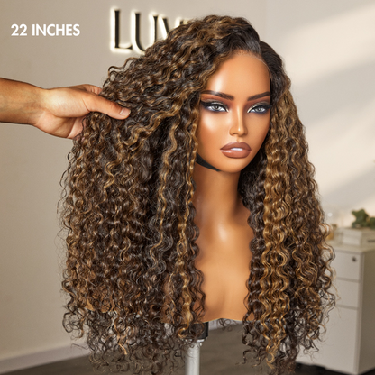 Luvme brown highlights Funmi curly 5x5 closure lace wig with long, curly hair, glueless design, beginner friendly for versatile styling