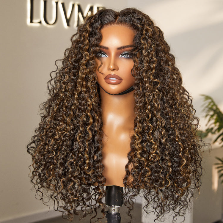 Luvme brown highlights Funmi curly 5x5 closure lace wig with long curls, glueless, beginner-friendly, suitable for US buyers.
