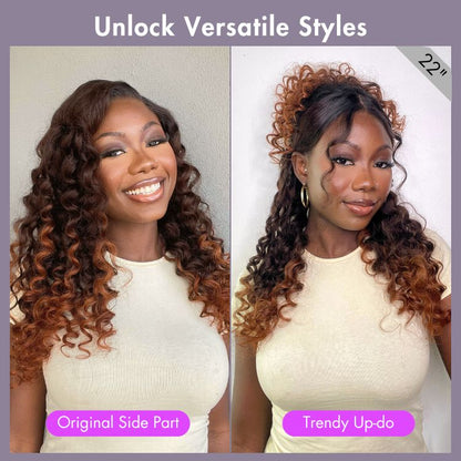 Luvme Hair ombre copper brown water wave 7x6 closure HD lace wig with natural parting and glueless design, close-up view.