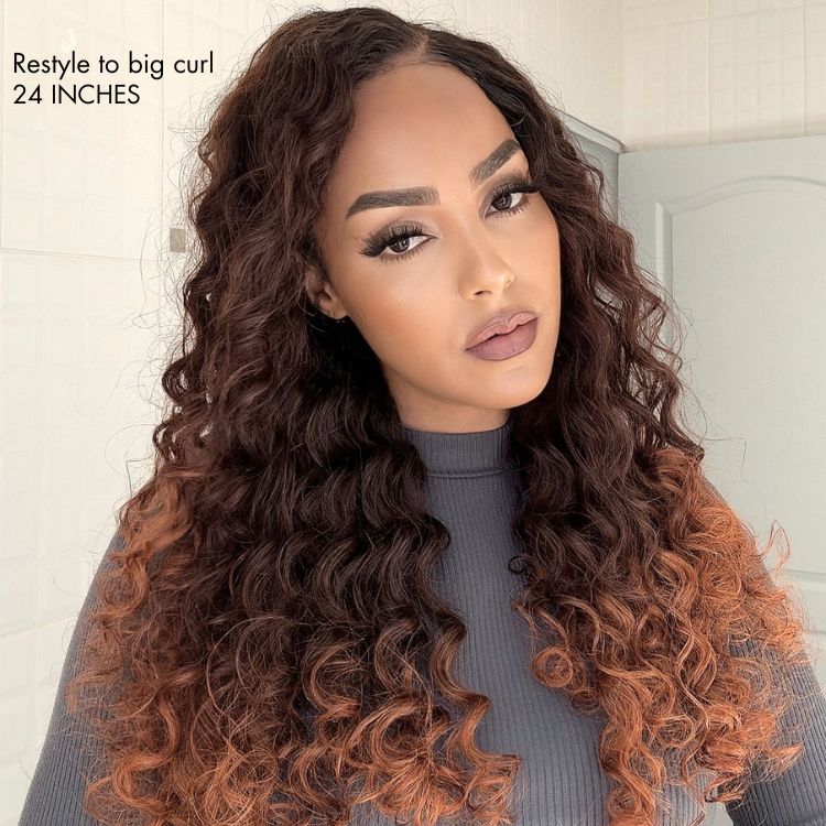 Luvme Hair ombre copper brown water wave 7x6 closure HD lace wig with natural parting and glueless design on a mannequin head.