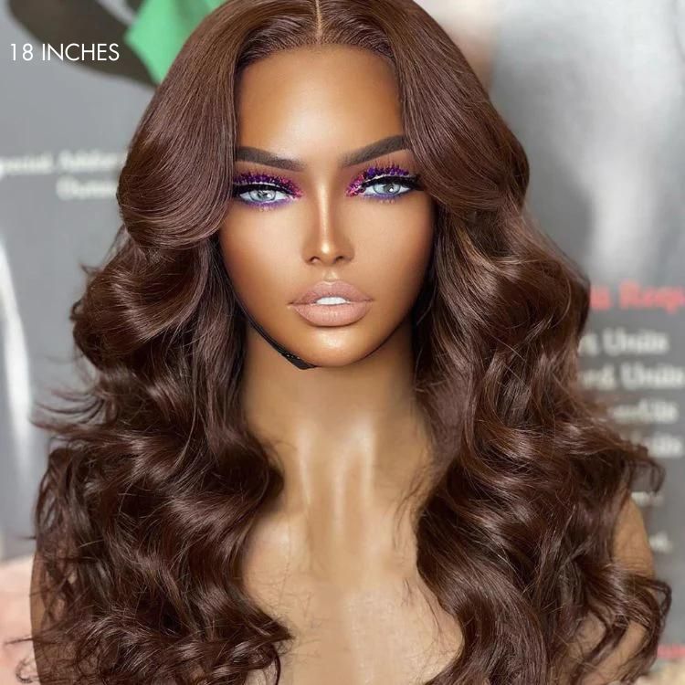 Luvme chestnut brown 5x5 closure lace glueless wig with loose waves, long human hair, mid-part style, natural-looking finish.