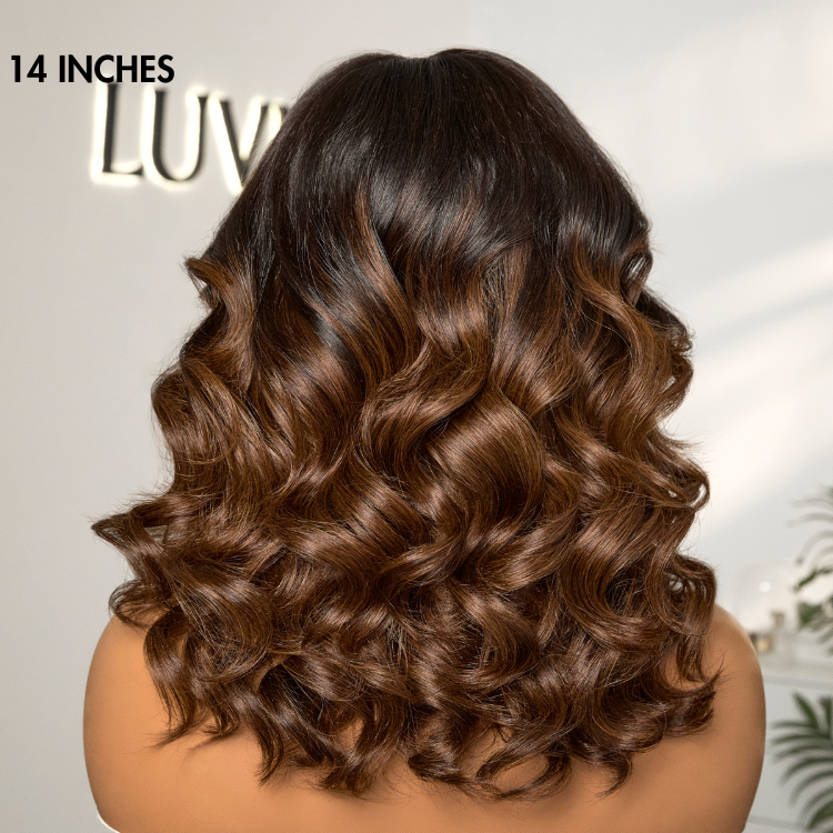 Luvme Hair PreMax Wigs ombre brown loose body wave glueless 5x5 closure lace wig with pre-cut lace and natural wave texture.