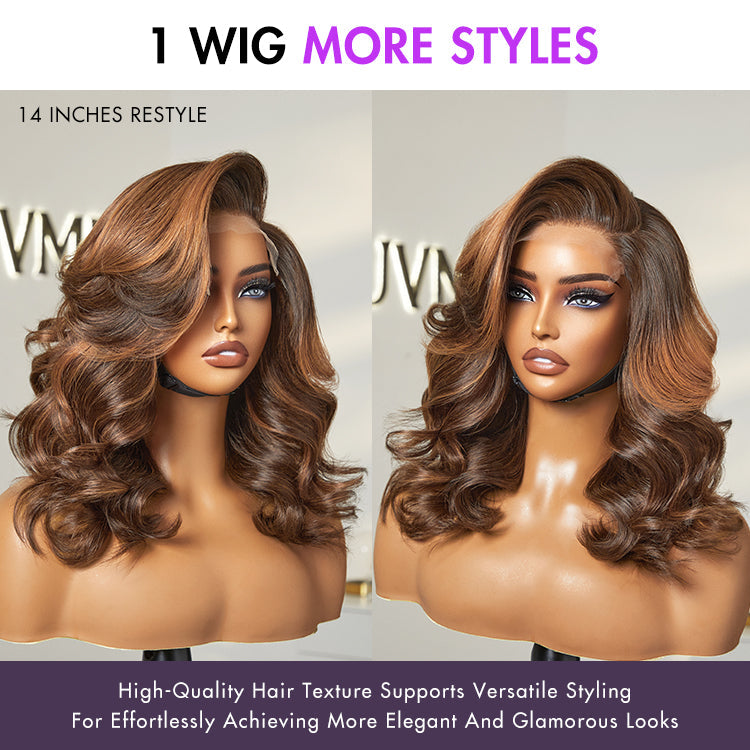 Luvme Hair butterfly haircut pre-layered lace wig with brown highlights, shoulder-length, glueless minimalist HD lace for a chic look