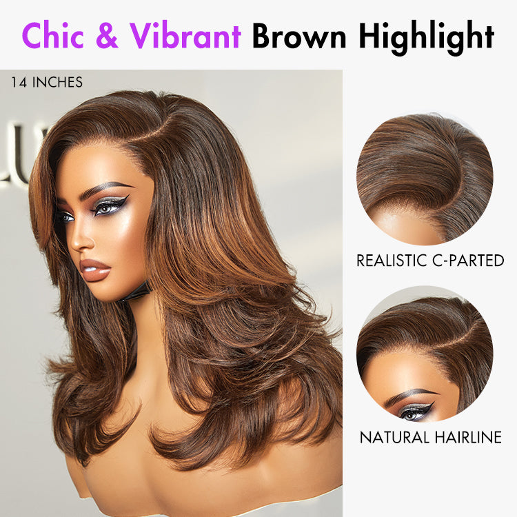 Luvme Hair butterfly layered lace wig with brown highlights, shoulder length, glueless, minimalist HD lace for a chic hairstyle.