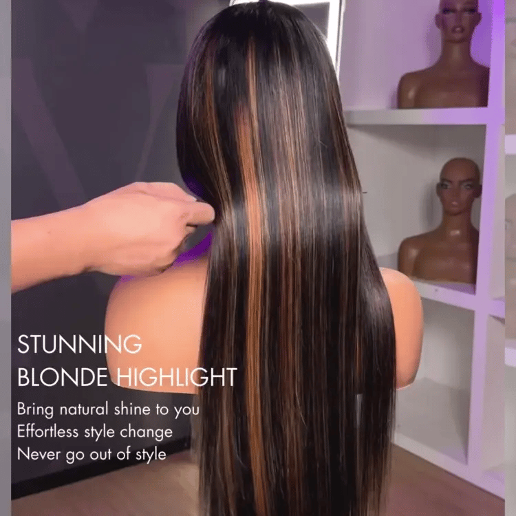 Luvme Hair PreMax Ultra Natural Brown Highlight 13x4 Frontal Lace Wig with silky straight, long, glueless design and pre-cut lace