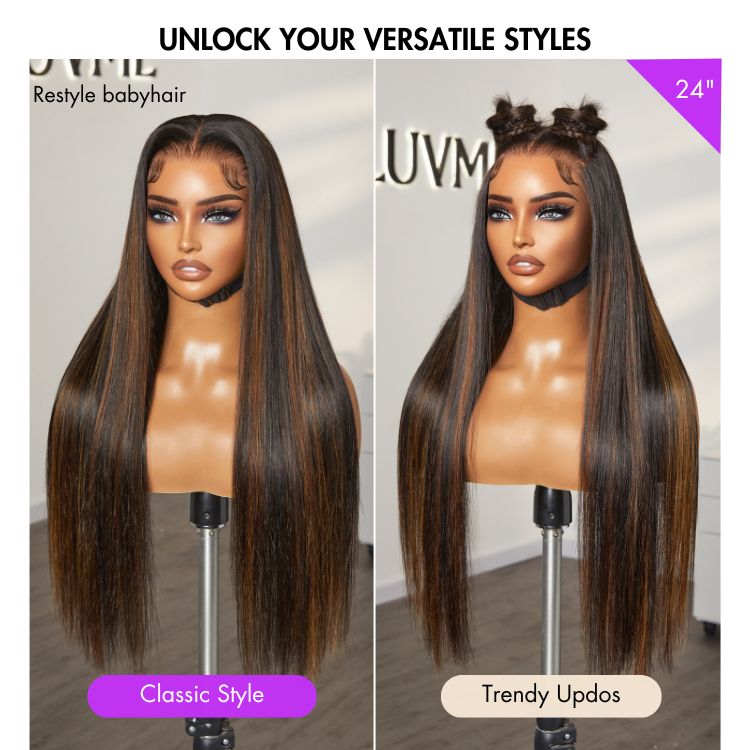 Luvme Hair PreMax 13x4 frontal wig with silky straight, natural hairline, brown highlights, long length, glueless lace wig.