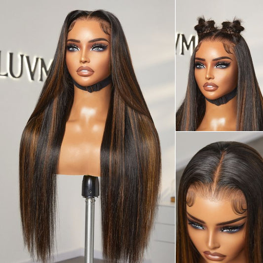 Luvme Hair PreMax 13x4 frontal lace wig with silky straight, brown highlights, natural hairline, long length, glueless style