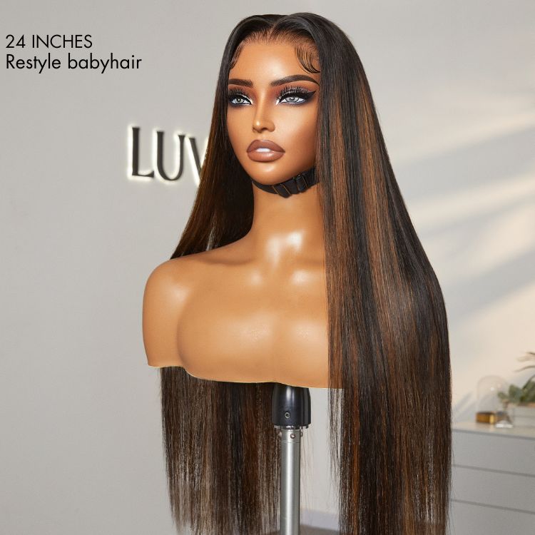 Luvme Hair PreMax Ultra Natural 13x4 frontal lace wig with brown highlights, silky straight, long, glueless, pre-cut lace, natural hairline