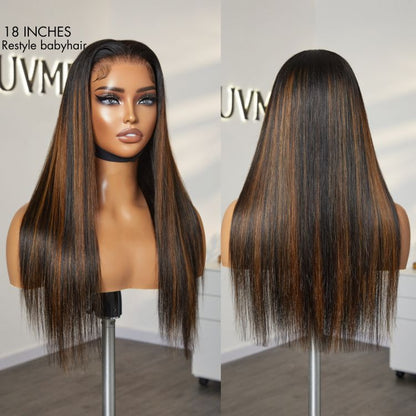 Luvme Hair PreMax Wigs 13x4 frontal lace wig with natural hairline, brown highlights, silky straight texture, glueless long wig