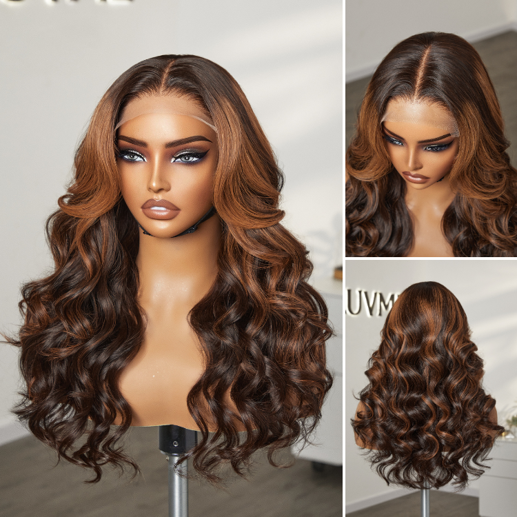Luvme Hair 5x5 closure wig with elegant copper ombre highlights, loose body wave, breathable cap and glueless design.