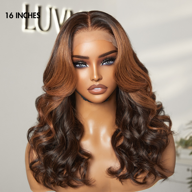 Luvme Hair 5x5 closure wig with loose body wave, copper ombre highlights, breathable cap, and glueless design.